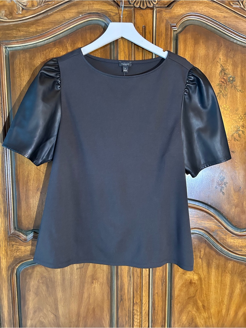 Ann Taylor Factory ~ new ~ Black Faux Leather Puff Short Sleeve Top size XL